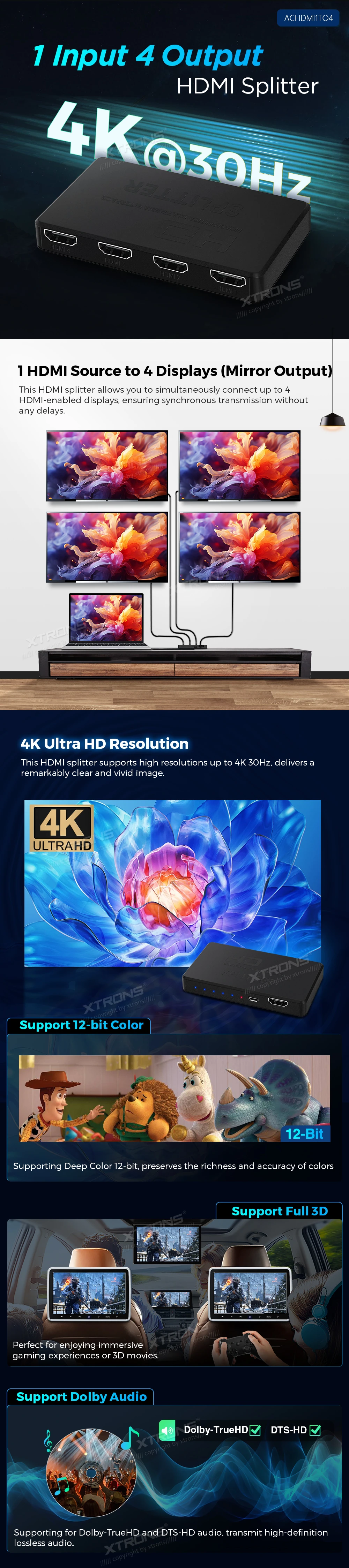 1 in 4 out HDMI Splitter with 4K 30Hz Support | ACHDMI1TO4: XTRONS specification poster 1 of 2