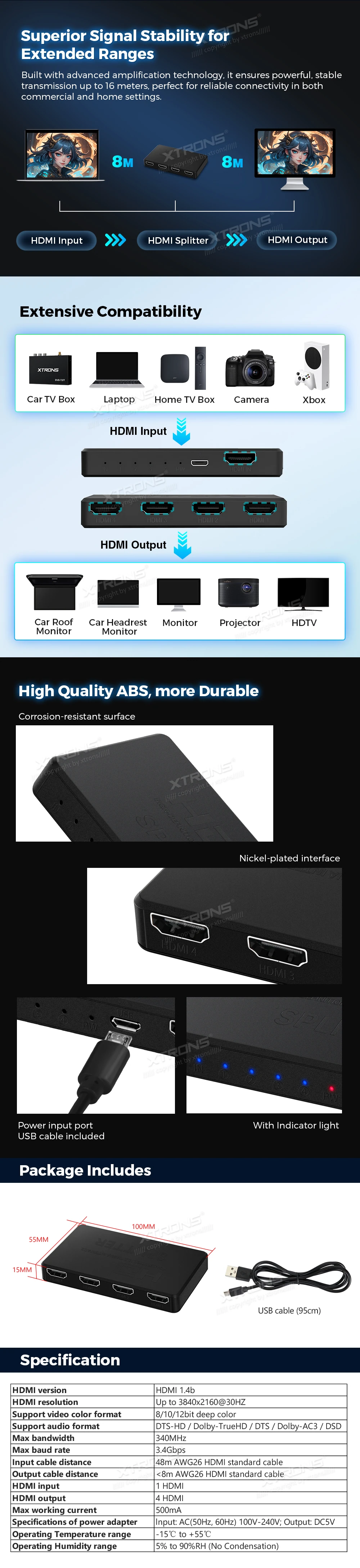 1 in 4 out HDMI Splitter with 4K 30Hz Support | ACHDMI1TO4: XTRONS specification poster 2 of 2