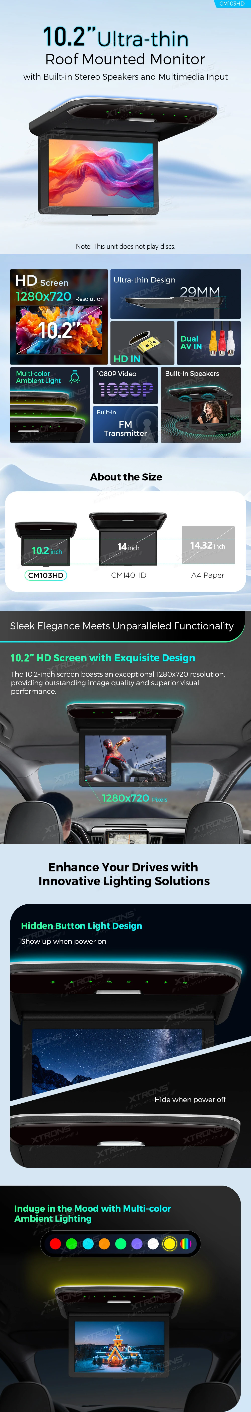 10.2 inch HD Flip Down Roof Screen with HDMI Input, USB and Dual AV Inputs | CM103HD: XTRONS specification poster 1 of 3