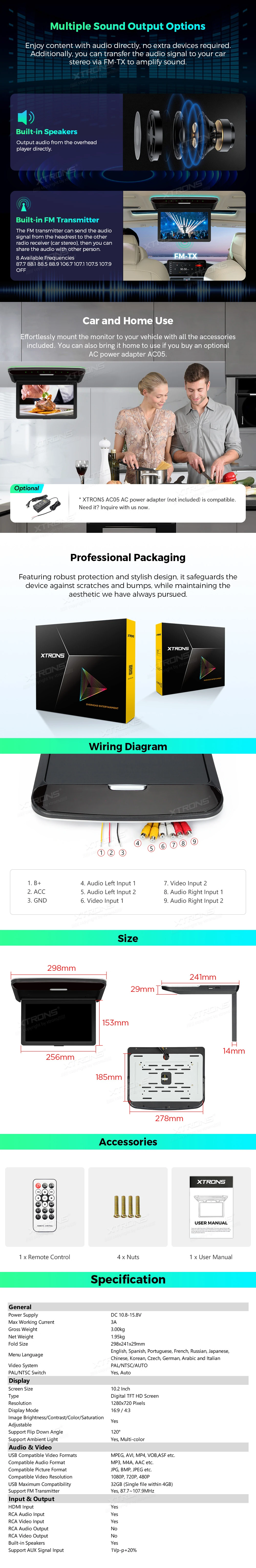 10.2 inch HD Flip Down Roof Screen with HDMI Input, USB and Dual AV Inputs | CM103HD: XTRONS specification poster 3 of 3
