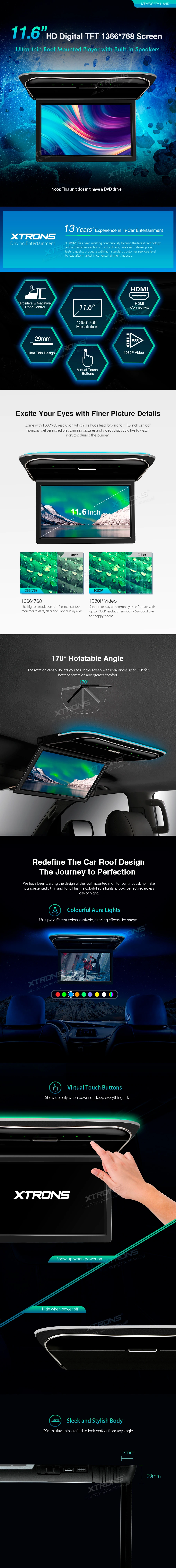 11.6 inch HD Flip Down Roof Screen with HDMI, USB and Built-in Speakers | ICE/VDO/CM118HD: XTRONS specification poster 1 of 2