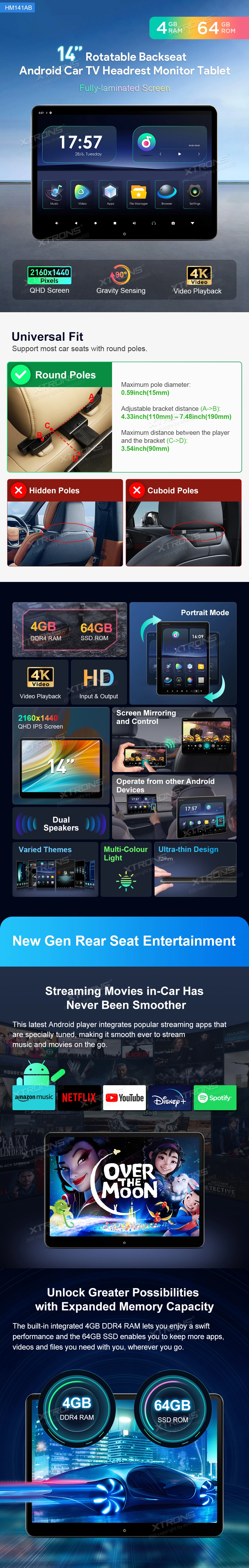 14 inch Android Headrest Screen with QHD IPS Display, HD Input and Output and Screen Mirroring | HM141ABS: XTRONS specification poster 1 of 5