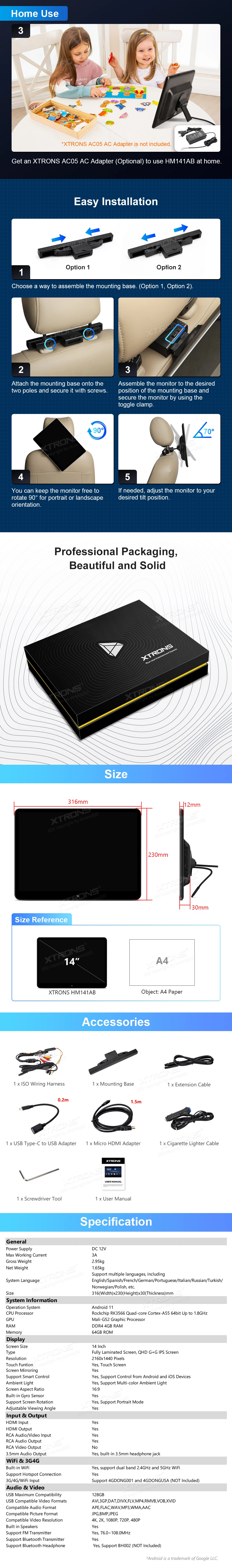 14 inch Android Headrest Screen with QHD IPS Display, HD Input and Output and Screen Mirroring | HM141ABS: XTRONS specification poster 5 of 5