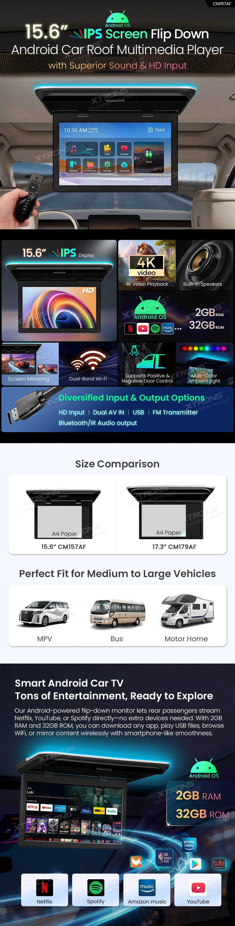 15.6 inch Android Flip Down Roof Screen with IPS Display, 4K Video Decoding and Screen Mirroring | CM157AF: XTRONS specification poster 1 of 6