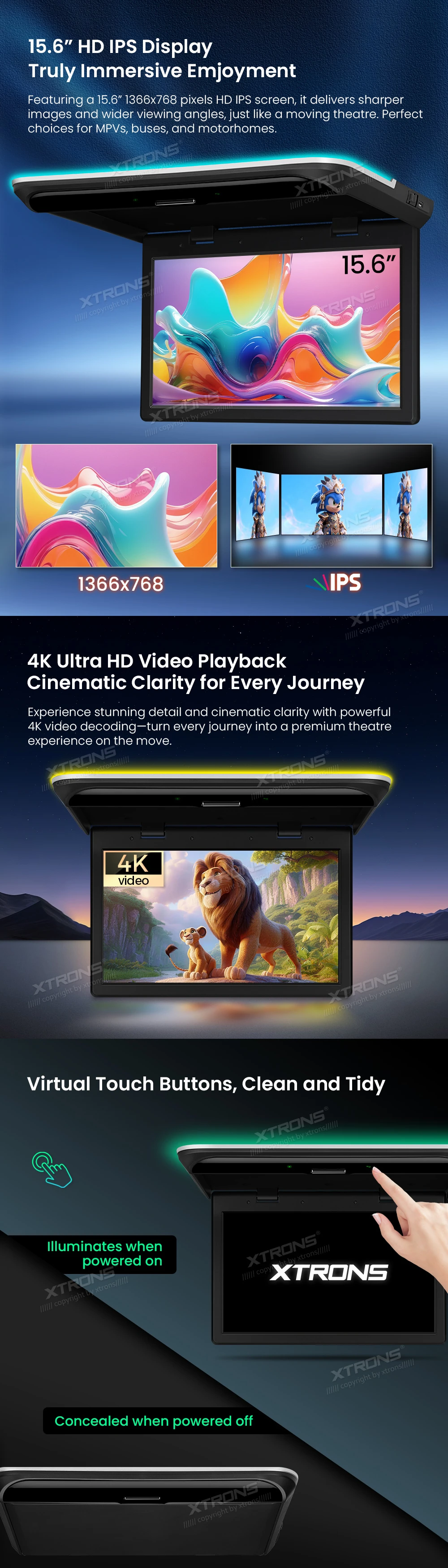 15.6 inch Android Flip Down Roof Screen with IPS Display, 4K Video Decoding and Screen Mirroring | CM157AF: XTRONS specification poster 2 of 6