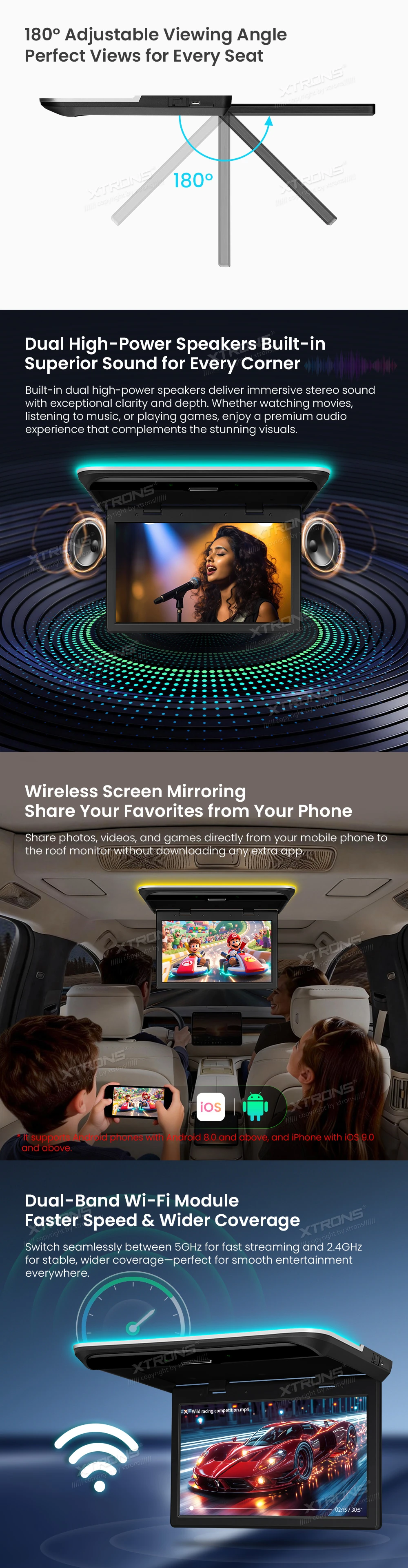 15.6 inch Android Flip Down Roof Screen with IPS Display, 4K Video Decoding and Screen Mirroring | CM157AF: XTRONS specification poster 3 of 6