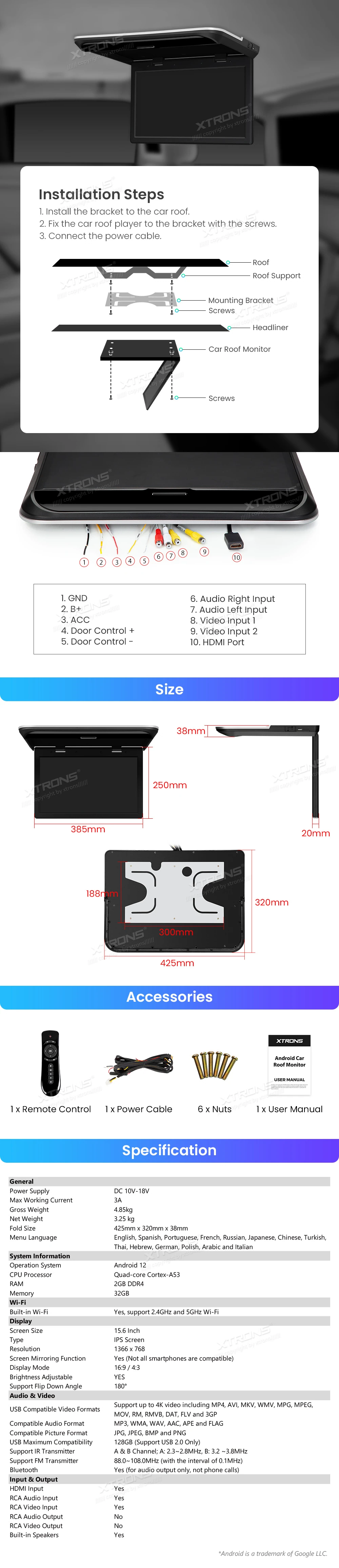 15.6 inch Android Flip Down Roof Screen with IPS Display, 4K Video Decoding and Screen Mirroring | CM157AF: XTRONS specification poster 6 of 6