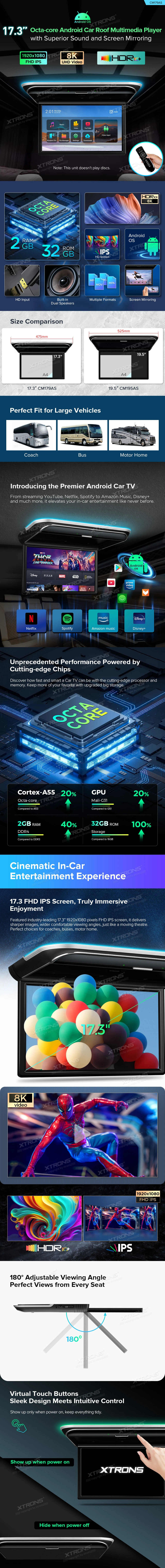 17.3 inch Android Flip Down Roof Screen with FHD IPS Display, HDMI Input and Screen Mirroring | CM179AS: XTRONS specification poster 1 of 3