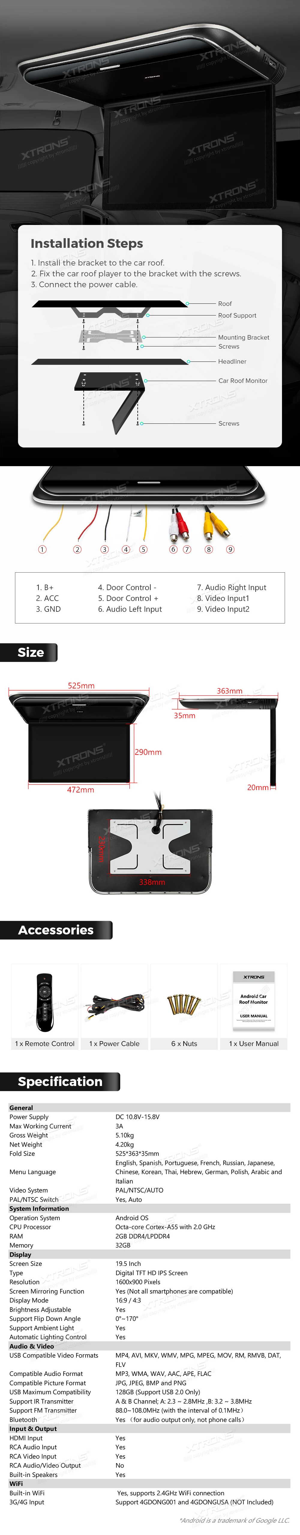 19.5 inch Android Roof Mounted Screen with HDMI Input, Screen Mirroring and Wi-Fi | CM195AS: XTRONS specification poster 5 of 5