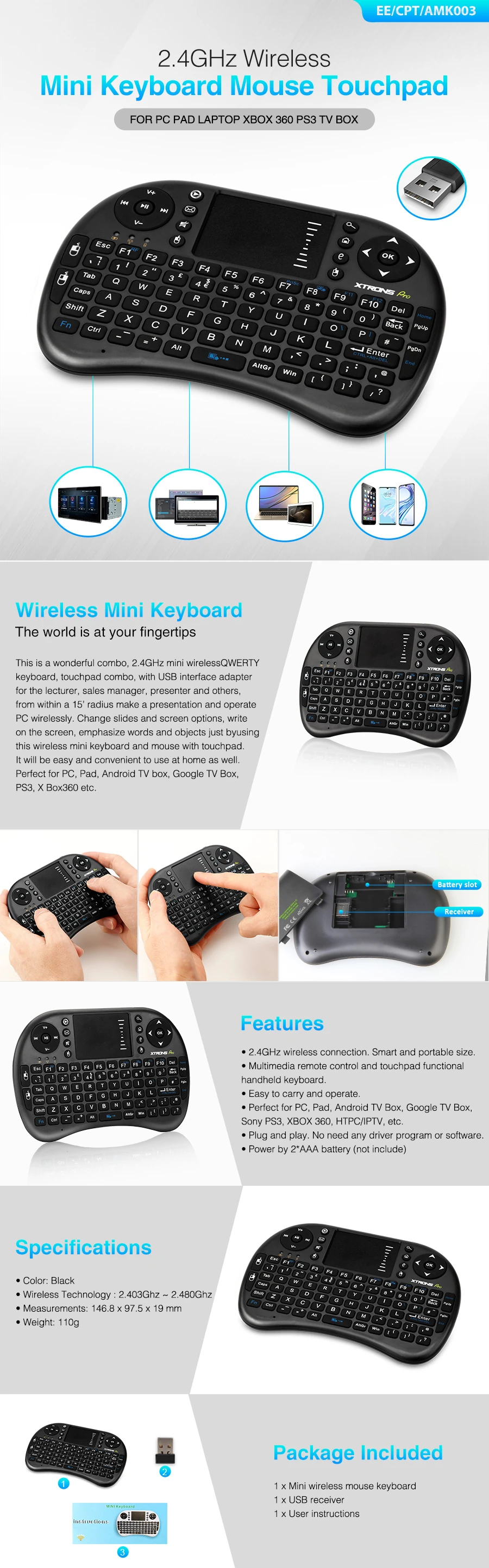2.4GHz Wireless Mini Keyboard with Touchpad for Android Boxes and PCs | EE/CPT/AMK003: XTRONS specification poster 1 of 1