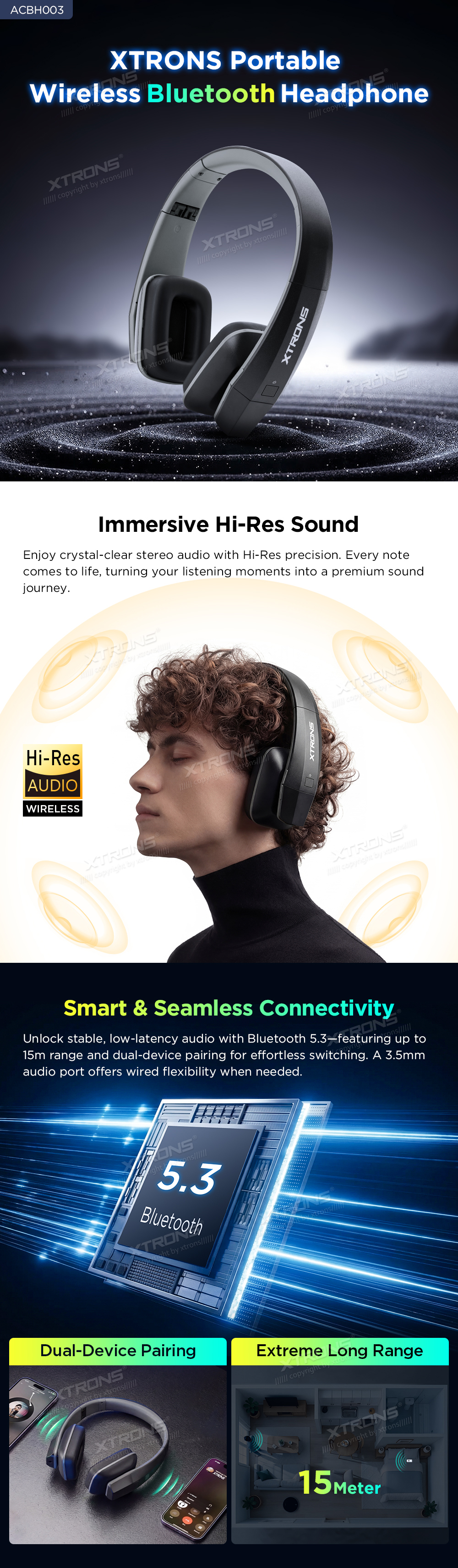 Universal Wireless Bluetooth 5.3 Headphones with 15m Range, Foldable Design and Built-in Mic | ACBH003: XTRONS specification poster 1 of 2