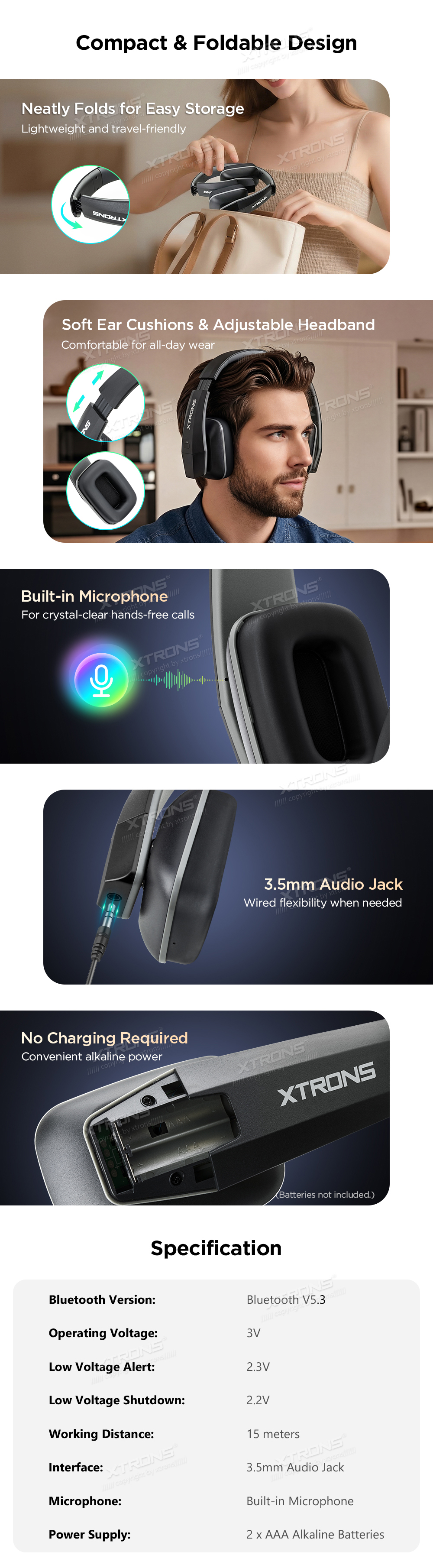 Universal Wireless Bluetooth 5.3 Headphones with 15m Range, Foldable Design and Built-in Mic | ACBH003: XTRONS specification poster 2 of 2