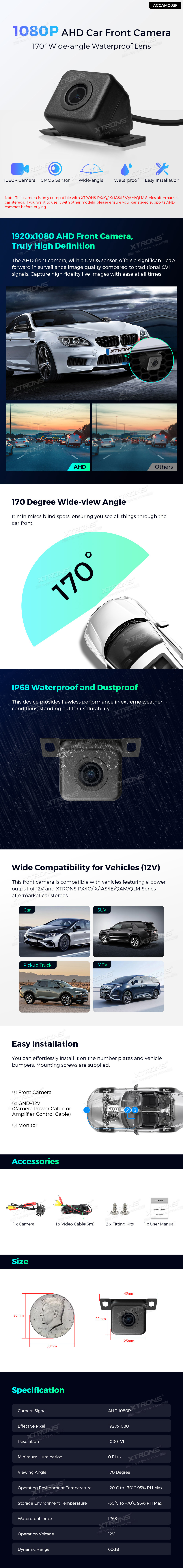 Universal 1080P AHD Front Camera with 170° Wide Angle | ACCAM003F: XTRONS specification poster 1 of 1
