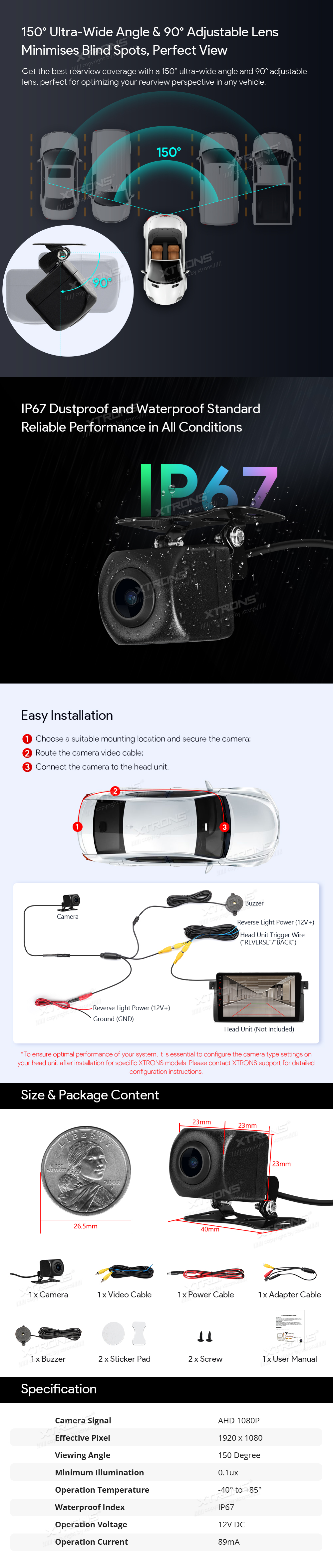 Universal AI-Powered 1080P AHD Reversing Camera with Buzzer | ACCAMAI01: XTRONS specification poster 2 of 2