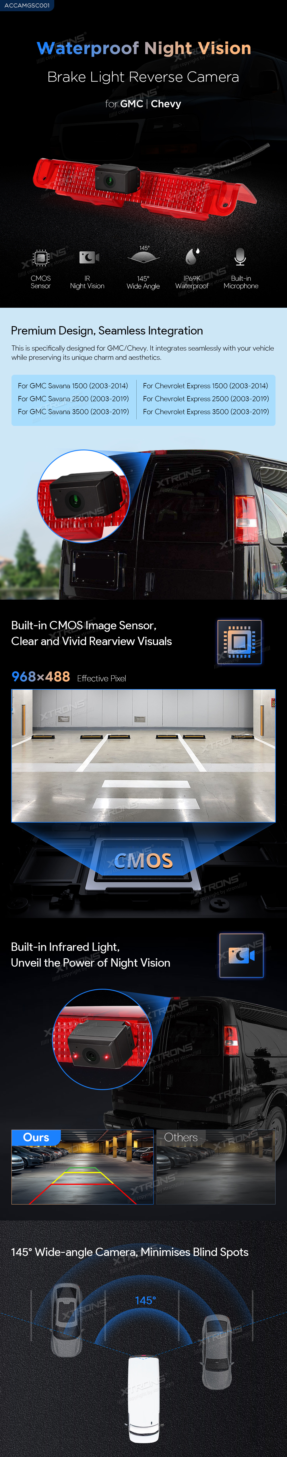 GMC Savana / Chevrolet Express Brake Light Reversing Camera with Night Vision | ACCAMGSC001: XTRONS specification poster 1 of 2