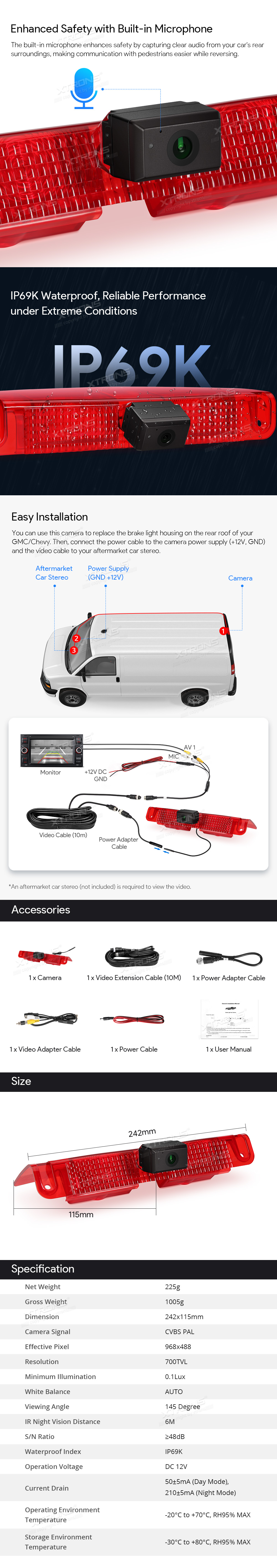 GMC Savana / Chevrolet Express Brake Light Reversing Camera with Night Vision | ACCAMGSC001: XTRONS specification poster 2 of 2