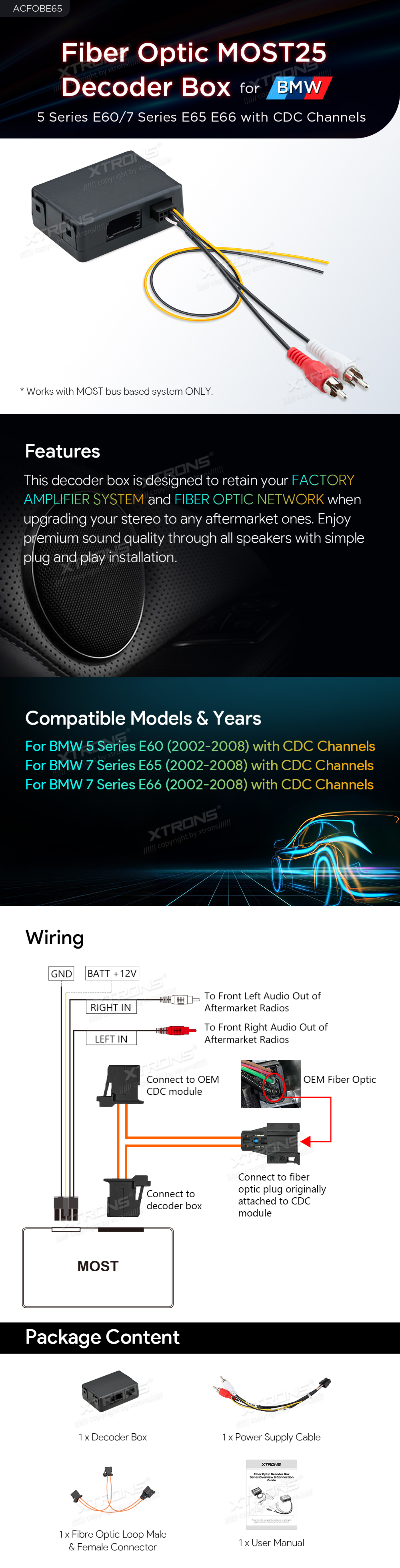 BMW 5 Series E60 and 7 Series E65 E66 Fibre Optic MOST25 Decoder Box | ACFOBE65: XTRONS specification poster 1 of 1