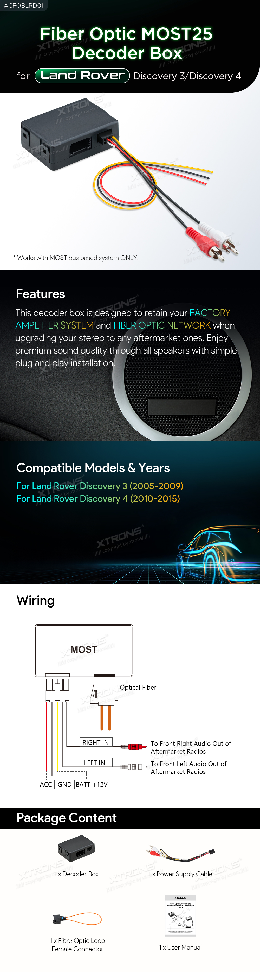 Land Rover Discovery 3 and 4 Fibre Optic MOST25 Decoder Box | ACFOBLRD01: XTRONS specification poster 1 of 1