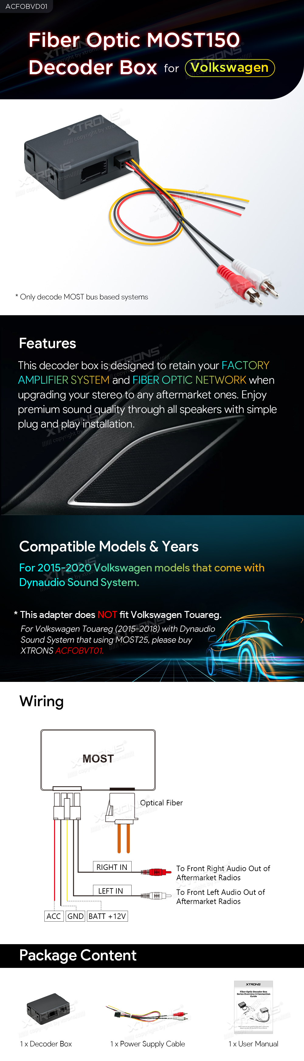 Volkswagen Fibre Optic MOST150 Decoder Box for Dynaudio Sound Systems | ACFOBVD01: XTRONS specification poster 1 of 1