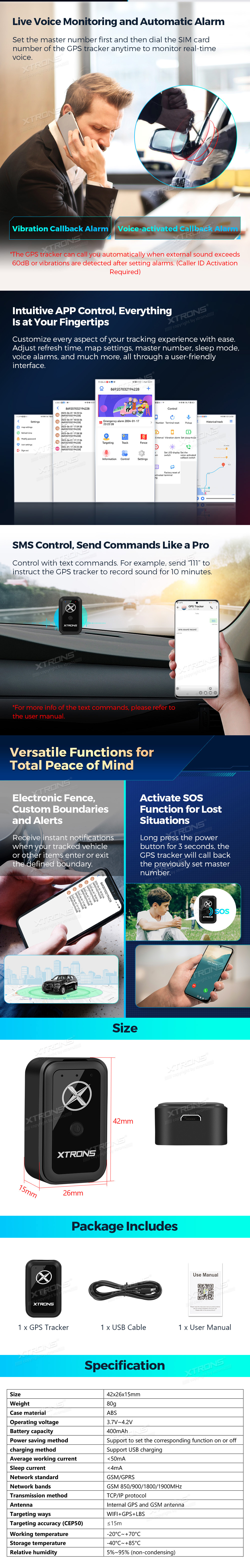 Universal Portable Magnetic GPS Tracker with App Tracking, IP54 | ACMGTRACKER01: XTRONS specification poster 2 of 2
