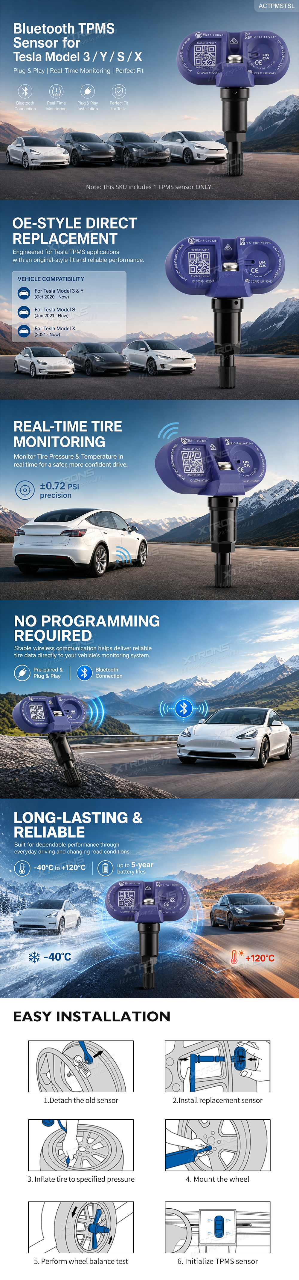 Tesla Model 3 Bluetooth TPMS Sensor, Pre-Paired and Plug and Play | ACTPMSTSL: XTRONS specification poster 1 of 1