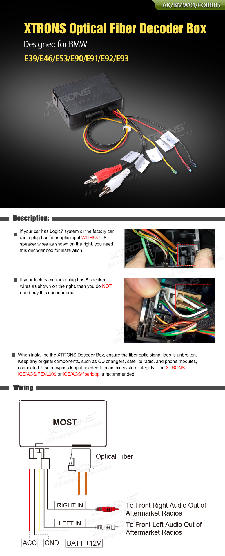 BMW E39, E46, E53 and E90 Series Fibre Optic Decoder Box | AK/BMW01/FOBB05: XTRONS specification poster 1 of 1