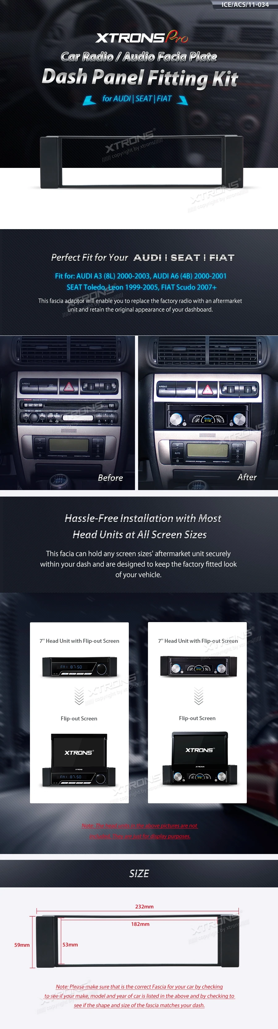 Audi A3 8L, A6 4B, SEAT Toledo, Leon and Fiat Scudo Single DIN Car Stereo Fascia Panel | ICE/ACS/11-034: XTRONS specification poster 1 of 1