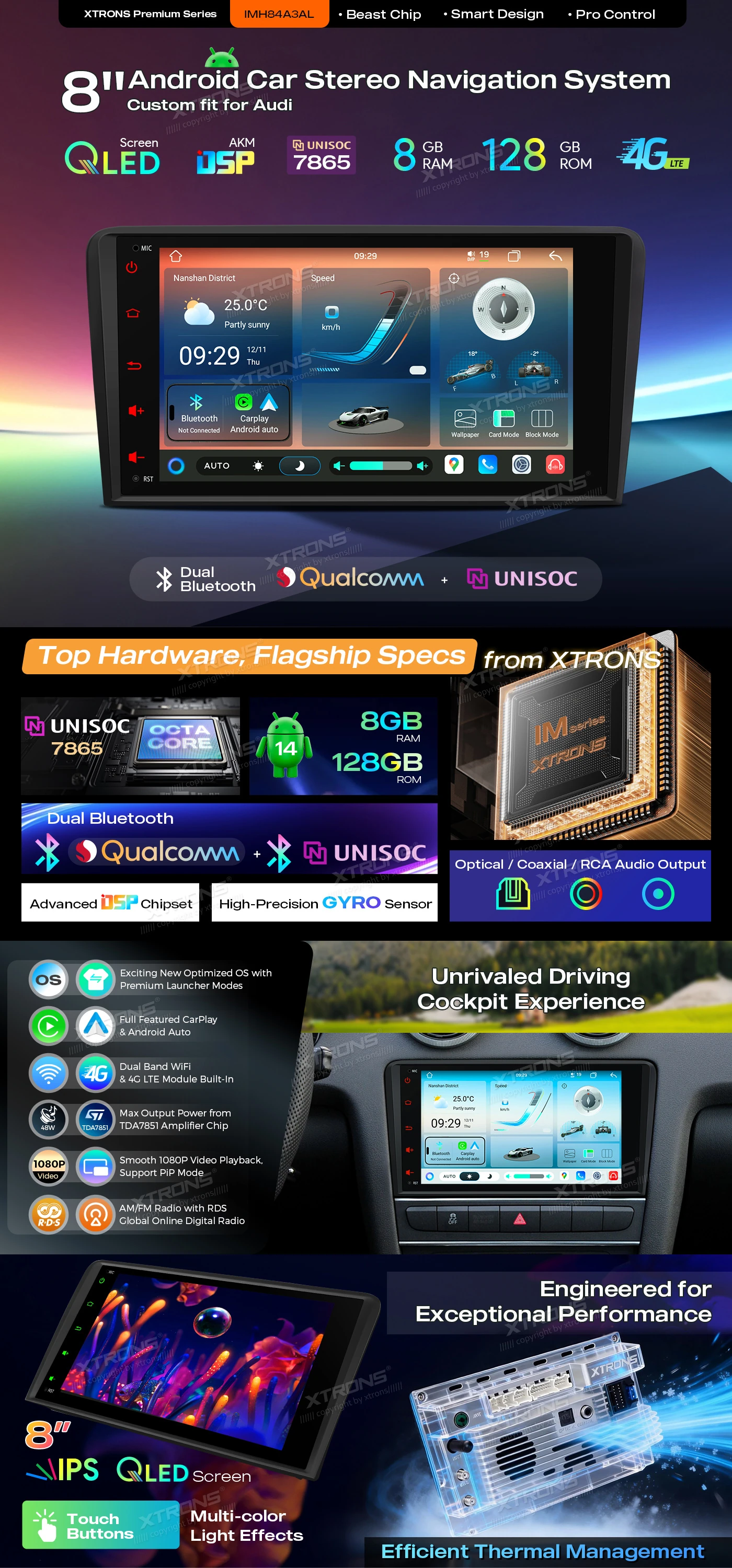 Audi A3 8P 8 inch Android Head Unit with Wireless CarPlay, Android Auto and AKM DSP | IMH84A3AL: XTRONS specification poster 1 of 6