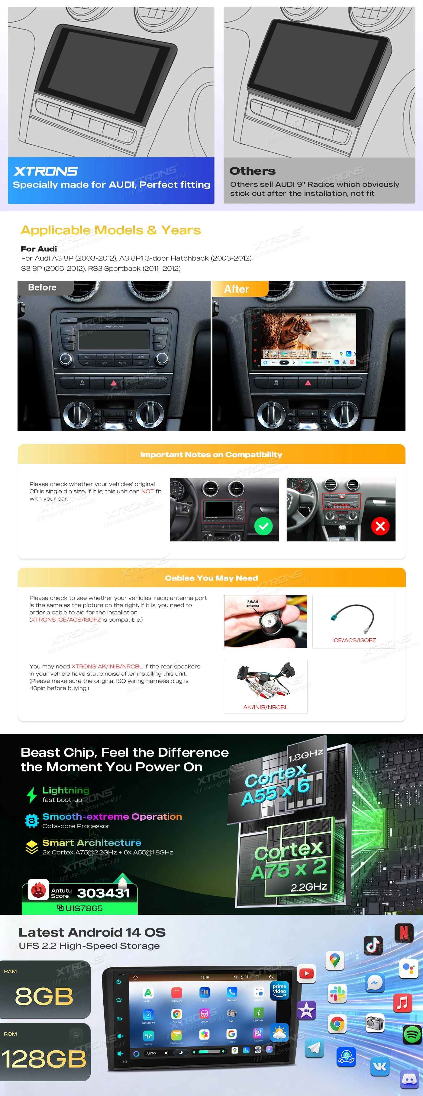 Audi A3 8P 8 inch Android Head Unit with Wireless CarPlay, Android Auto and AKM DSP | IMH84A3AL: XTRONS specification poster 2 of 6