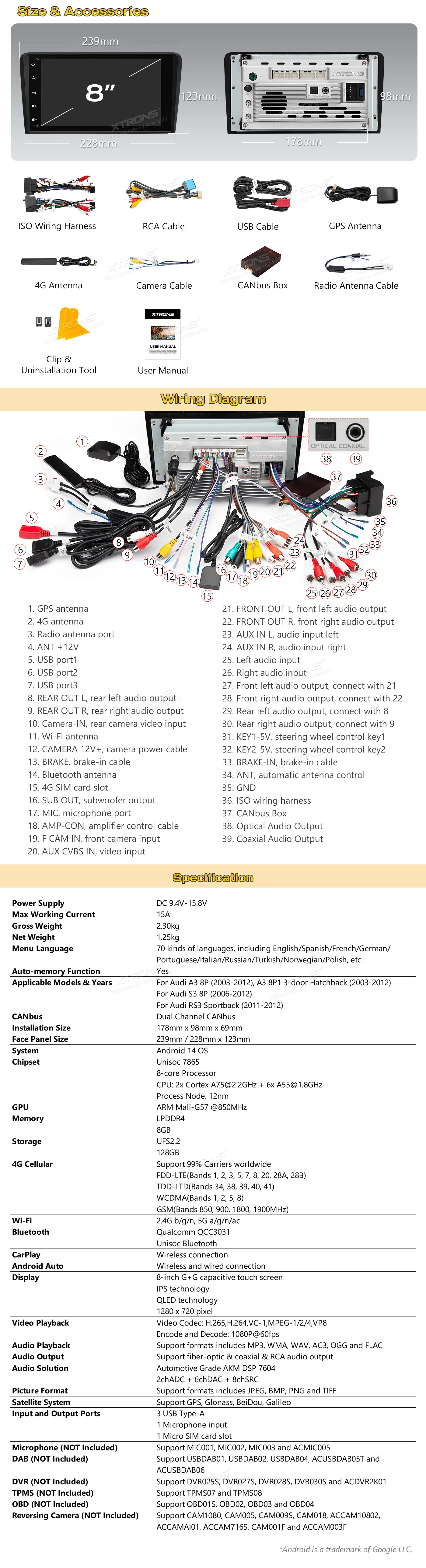 Audi A3 8P 8 inch Android Head Unit with Wireless CarPlay, Android Auto and AKM DSP | IMH84A3AL: XTRONS specification poster 6 of 6