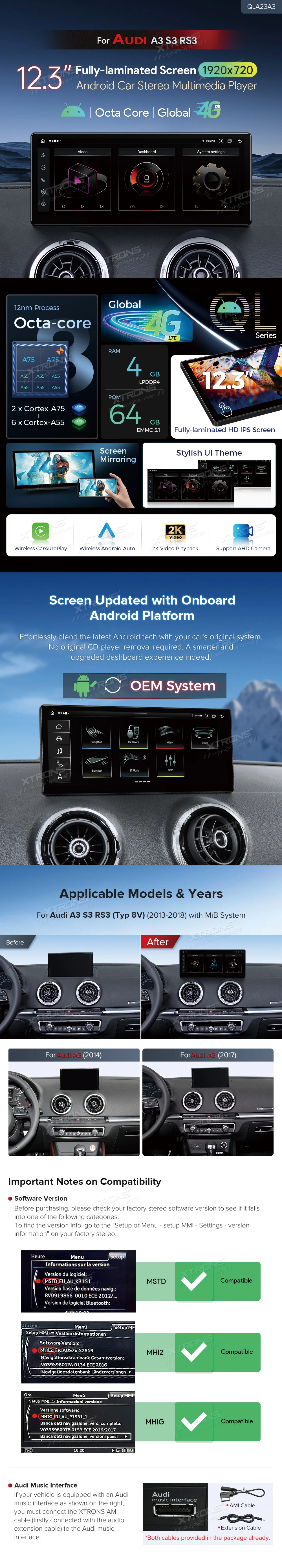 Audi A3 8U MIB 12.3 inch Android Screen with Wireless CarPlay, Android Auto and 4G | QLA23A3: XTRONS specification poster 1 of 6