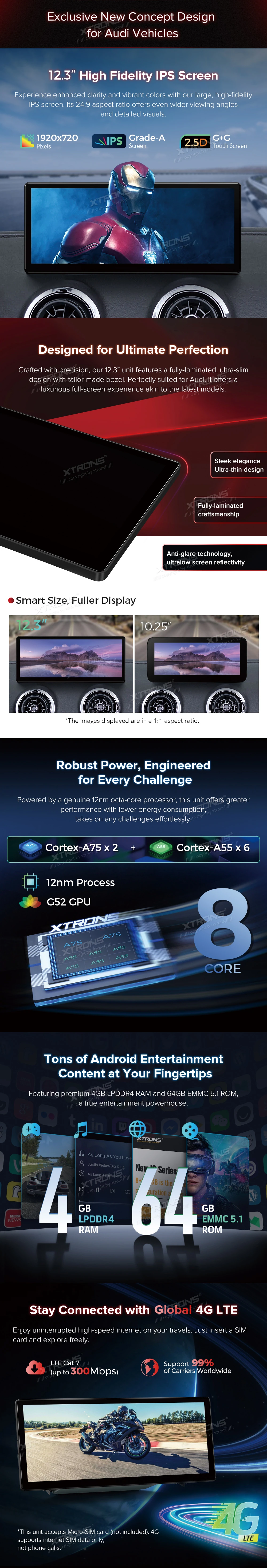Audi A3 8U MIB 12.3 inch Android Screen with Wireless CarPlay, Android Auto and 4G | QLA23A3: XTRONS specification poster 2 of 6