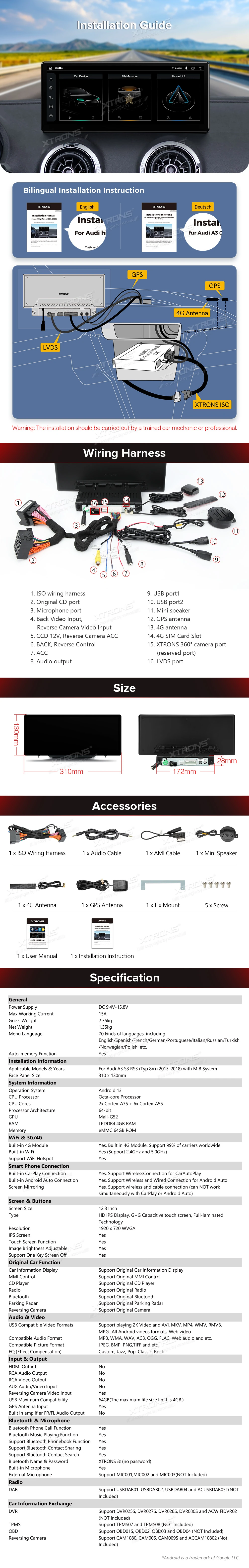 Audi A3 8U MIB 12.3 inch Android Screen with Wireless CarPlay, Android Auto and 4G | QLA23A3: XTRONS specification poster 6 of 6