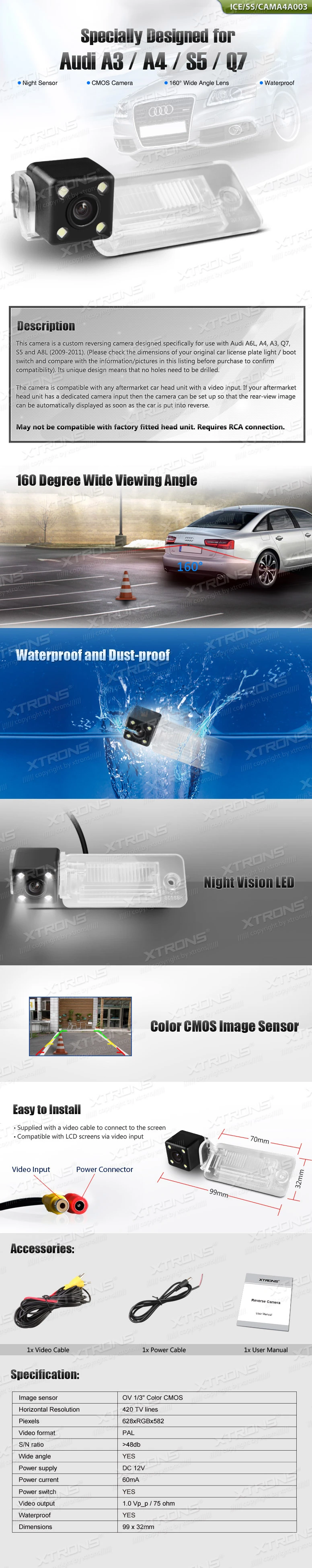 Audi A3, A4, S5 and Q7 Number Plate Light Reversing Camera with 160° View | ICE/SS/CAMA4A003: XTRONS specification poster 1 of 1