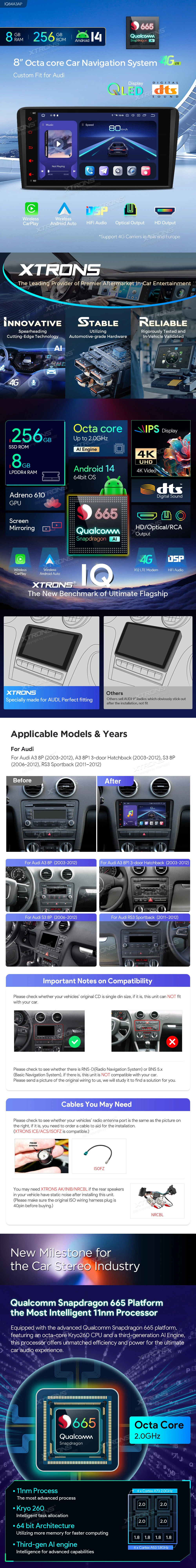 Audi A3 / S3 / RS3 8P 8 inch Android Head Unit with Wireless CarPlay, Android Auto and 4G | IQ84A3AP: XTRONS specification poster 1 of 6