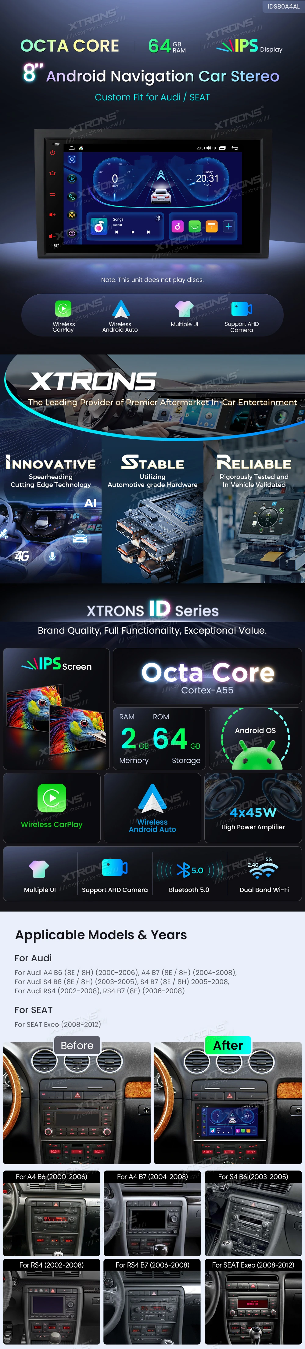 Audi A4 B6/B7 and SEAT Exeo 8 inch Android Head Unit with Wireless CarPlay and Android Auto | IDS80A4AL: XTRONS specification poster 1 of 6