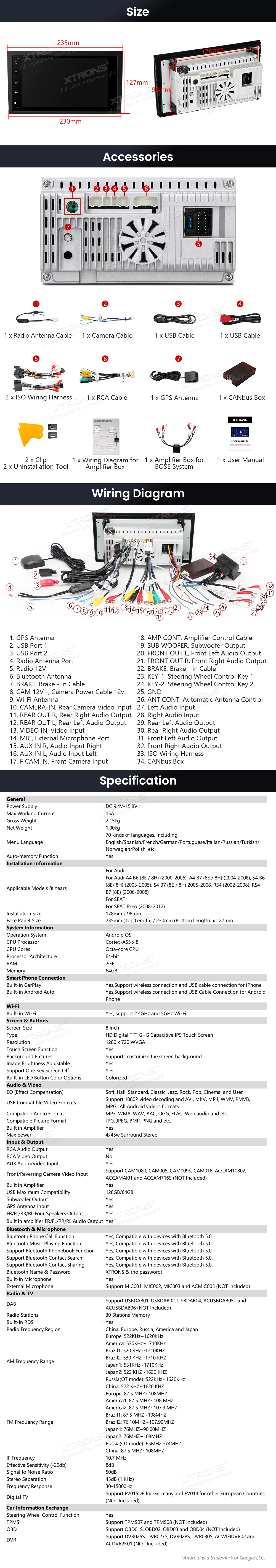 Audi A4 B6/B7 and SEAT Exeo 8 inch Android Head Unit with Wireless CarPlay and Android Auto | IDS80A4AL: XTRONS specification poster 6 of 6