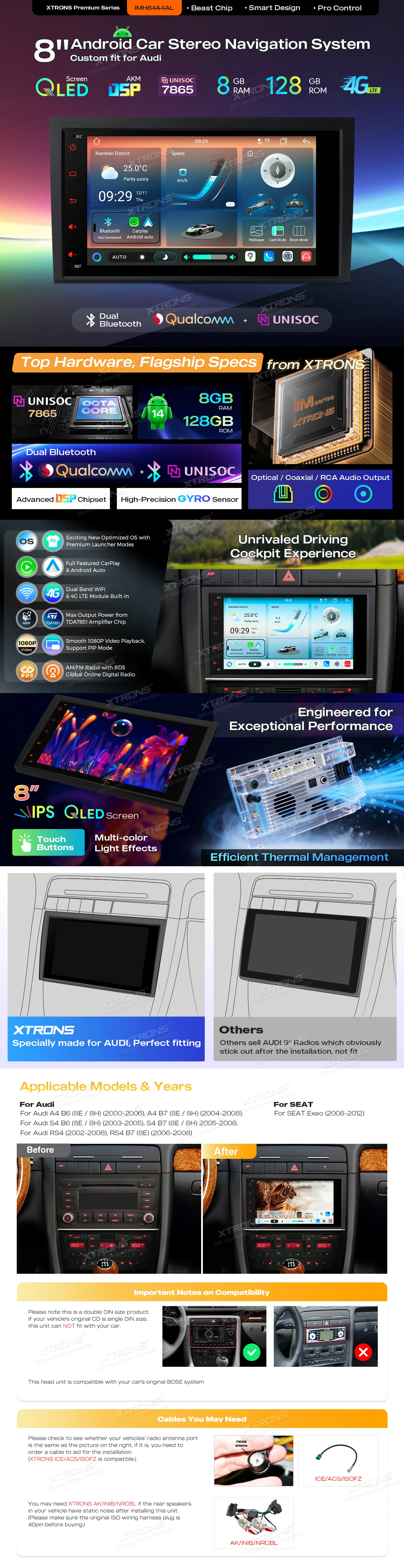 Audi A4 B6 B7 and SEAT Exeo 8 inch Android Head Unit with Wireless CarPlay, Android Auto and 4G | IMH84A4AL: XTRONS specification poster 1 of 5