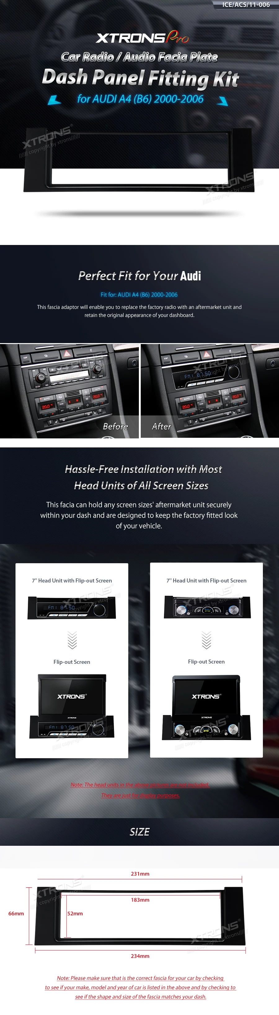 Audi A4 (B6) Single DIN Fascia Panel | ICE/ACS/11-006: XTRONS specification poster 1 of 1