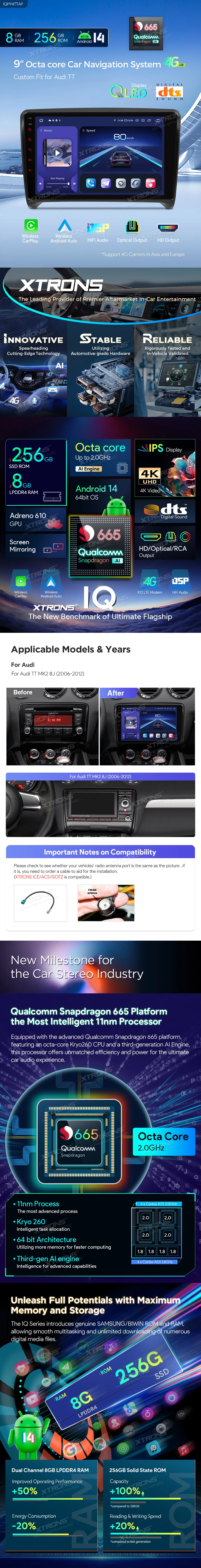 Audi TT MK2 8J 9 inch Android 14 Head Unit with Wireless CarPlay, Android Auto and HDMI Output | IQP94TTAP: XTRONS specification poster 1 of 6