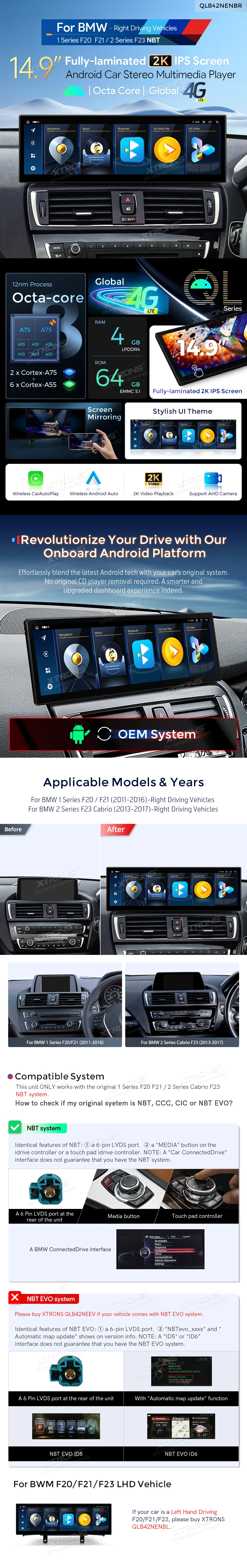 BMW 1 and 2 Series 14.9 inch Android 13 Head Unit with Wireless CarPlay, Android Auto and 4G | QLB42NENBR: XTRONS specification poster 1 of 5