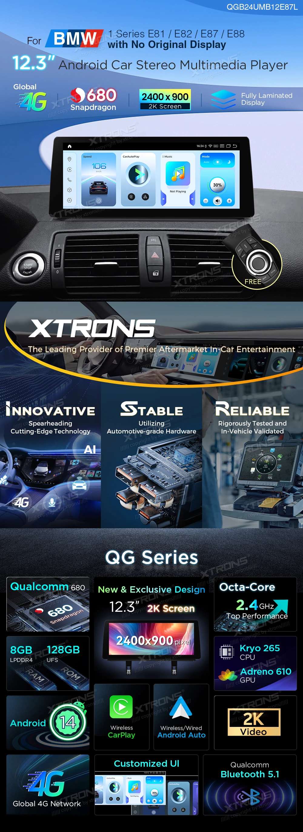 BMW 1 Series E81 E82 E87 E88 12.3 inch Android Screen with Wireless CarPlay and 4G | QGB24UMB12E87L: XTRONS specification poster 1 of 6