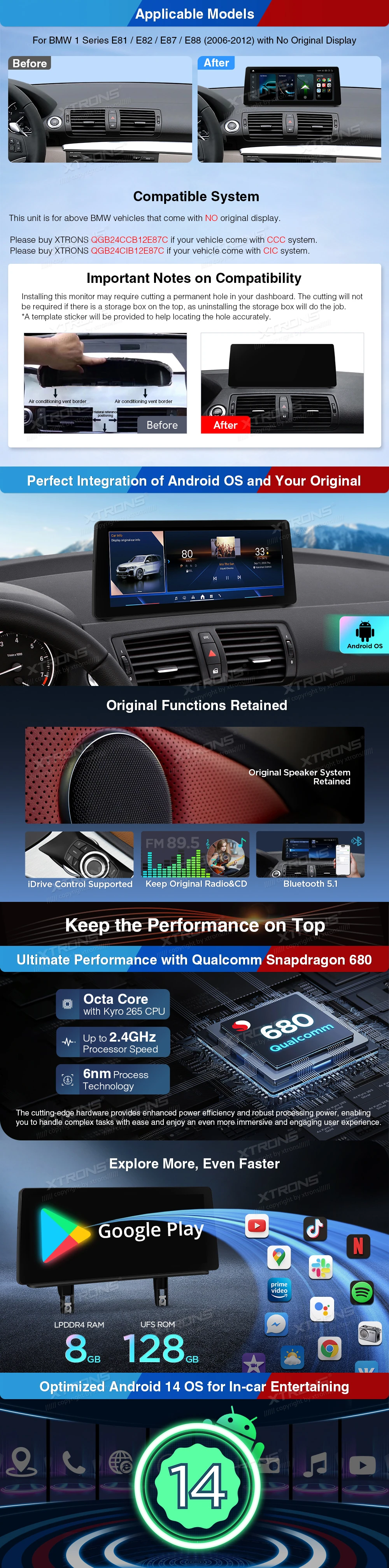 BMW 1 Series E81 E82 E87 E88 12.3 inch Android Screen with Wireless CarPlay and 4G | QGB24UMB12E87L: XTRONS specification poster 2 of 6