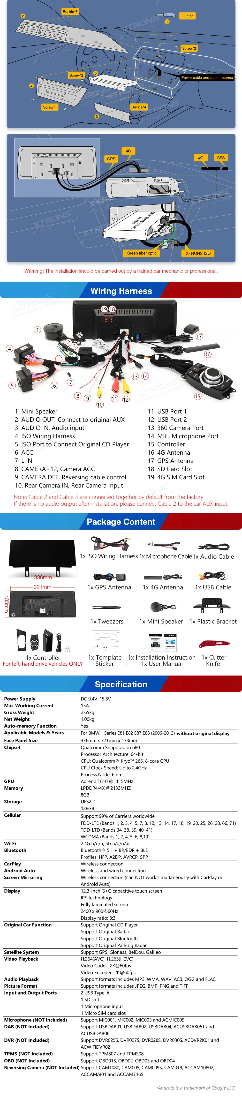 BMW 1 Series E81 E82 E87 E88 12.3 inch Android Screen with Wireless CarPlay and 4G | QGB24UMB12E87L: XTRONS specification poster 6 of 6