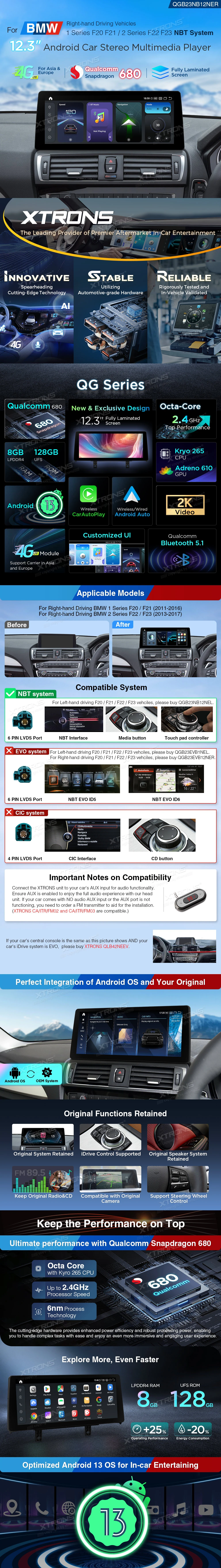 BMW 1 Series F20 and 2 Series F22 NBT 12.3 inch Android Screen with Wireless CarPlay and 4G | QGB24NB12NER: XTRONS specification poster 1 of 4