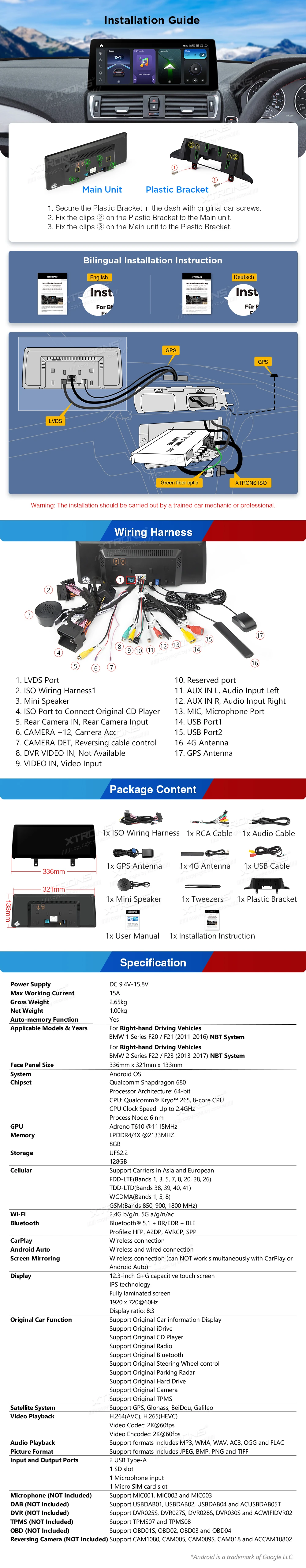 BMW 1 Series F20 and 2 Series F22 NBT 12.3 inch Android Screen with Wireless CarPlay and 4G | QGB24NB12NER: XTRONS specification poster 4 of 4