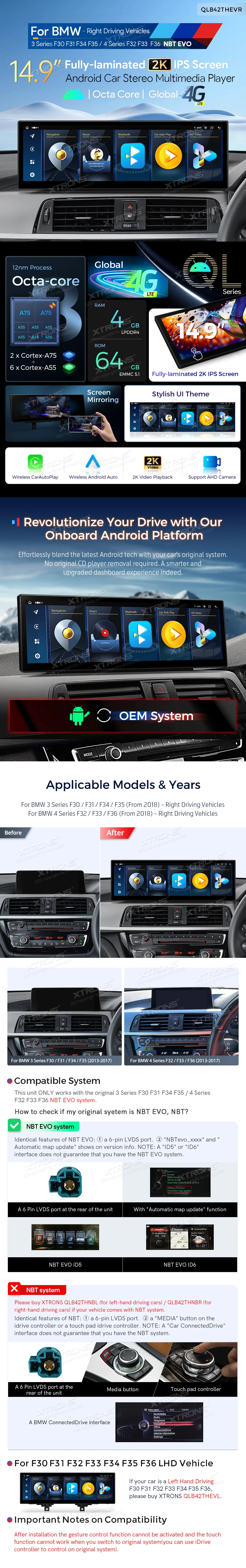 BMW 3 and 4 Series 14.9 inch Android 13 Head Unit with Wireless CarPlay, Android Auto and 4G | QLB42THEVR: XTRONS specification poster 1 of 4
