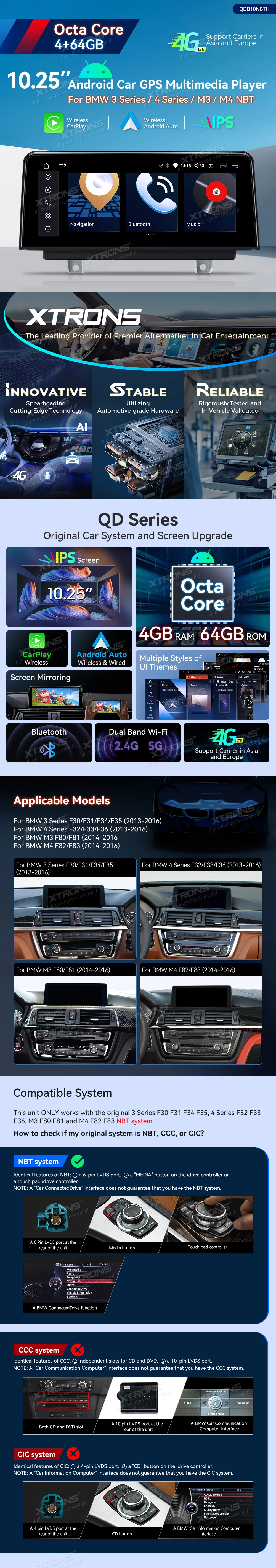 BMW 3 and 4 Series F30 F32 NBT 10.25 Inch Android Head Unit with Wireless CarPlay and 4G | QDB10NBTH: XTRONS specification poster 1 of 5