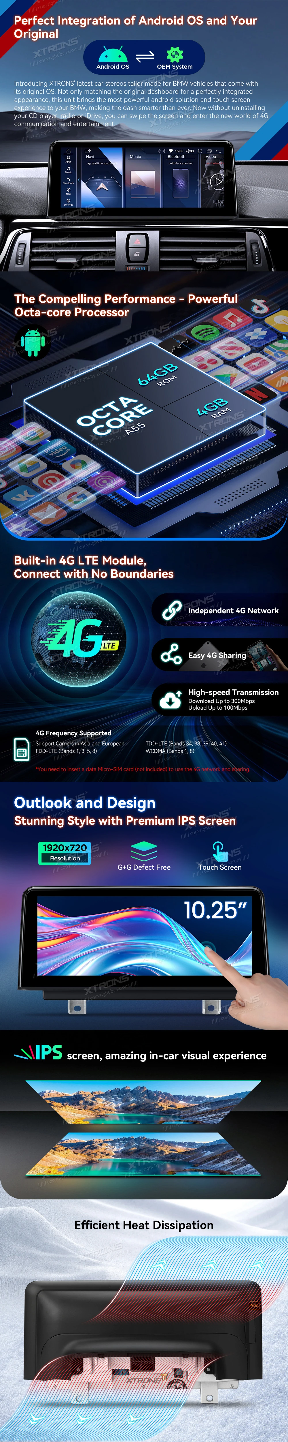 BMW 3 and 4 Series F30 F32 NBT 10.25 Inch Android Head Unit with Wireless CarPlay and 4G | QDB10NBTH: XTRONS specification poster 2 of 5