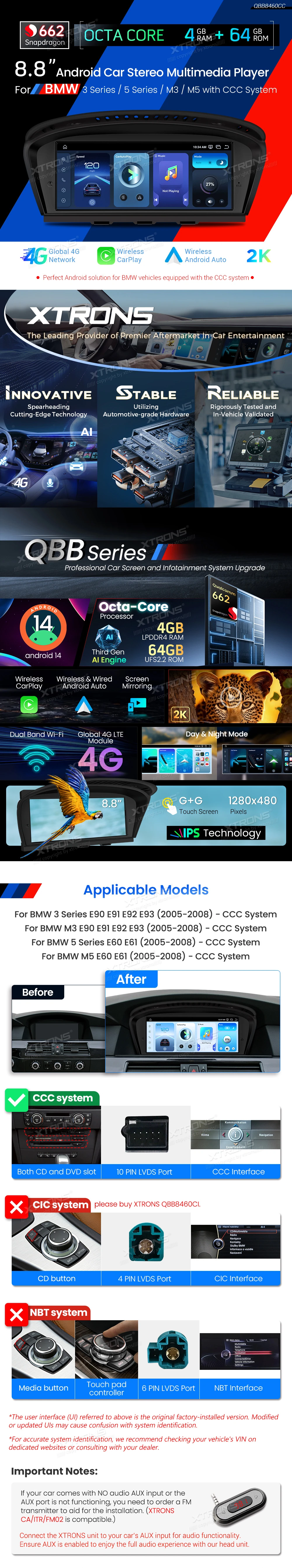 BMW 3 and 5 Series CCC 8.8 inch Android Head Unit with Wireless CarPlay, Android Auto and 4G | QBB8460CC: XTRONS specification poster 1 of 5